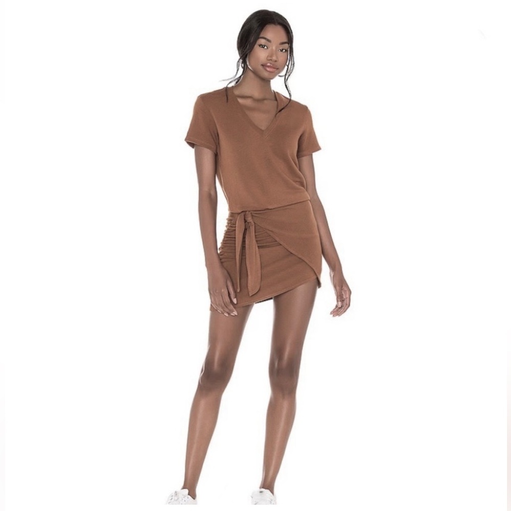 Monrow Super Soft Dress Brown V-Neck Faux Wrap Stretch